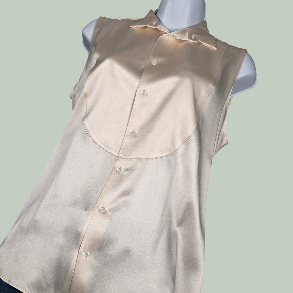 Ralph Lauren Black Label Women 10 Sleeveless Bib Front Blouse Ivory 100% Silk